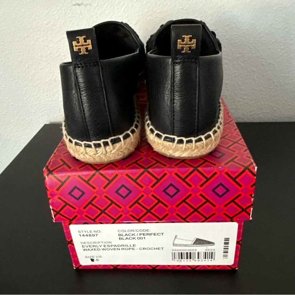 NEW Tory Burch Everly Black Leather Crochet Espadrille  Flat Slio On